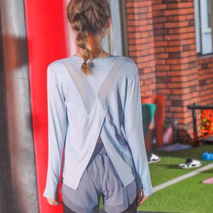 Women's Fitness Running Beautiful Back Hollow Blouse Spring and Autumn High Elastic Yoga Clothes Loose Long-sleeved Sports Top Gym Jogging Clothing