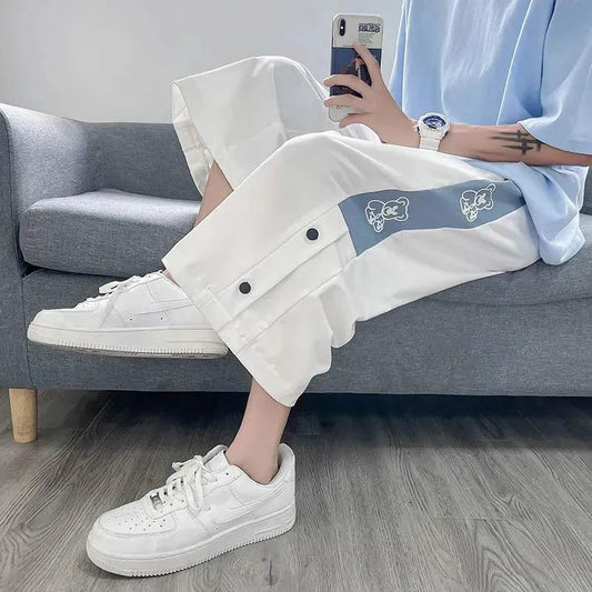 Men's Summer Side Button Design Breathable Thin Wide-leg Shorts Sports Outer Wear Loose Casual Cropped Pants