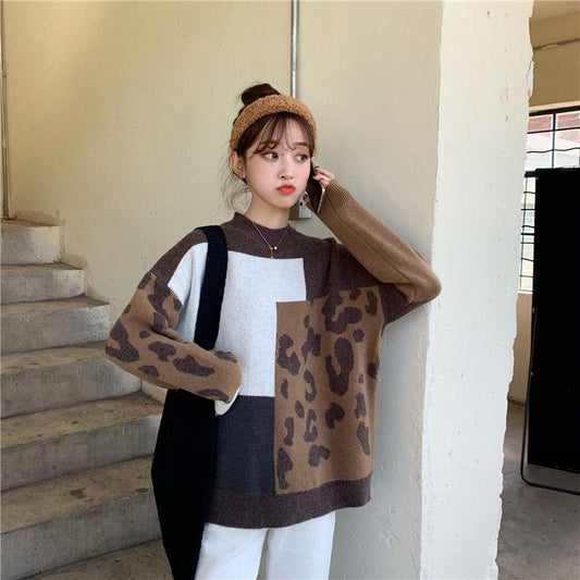 Autumn Winter  Women Fashion Sweater Casual Knitting Sweater Leopard  Round Neck Pullovers Loose Casual Long Sleeve Sweater