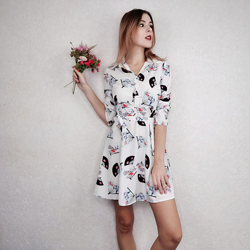 Spring Autumn Plus Size Shirt Dress Slim Mid-length Print Shirt Dress OL Casual A-line Dress with Belt