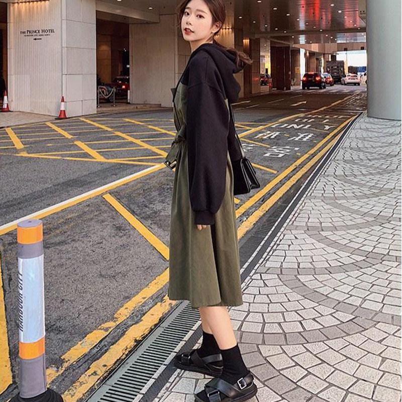 S-XXL Mid-calf Sweater Dress with Belt Women Spring and Autumn Plus Size Hooded Long Sleeve Loose Dress Thicken Cotton