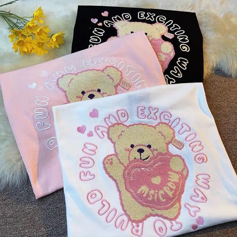 Women Round Collar Summer Cartoon Embroidery Loose Short Sleeve Casual Simple All-match T-Shirt