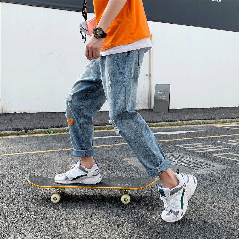 Ripped Loose Jeans Men's Fashion Nine-point Pants All-match Net Red Straight-leg Pants