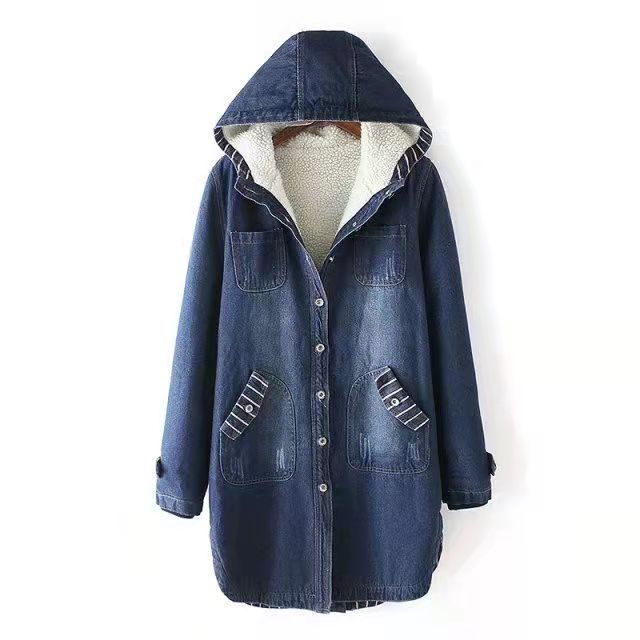 Winter Korean Version of Loose Plus Velvet Thick Denim Jacket Female Lamb Hair Mid-length Winter Warm Hooded Cotton Coat