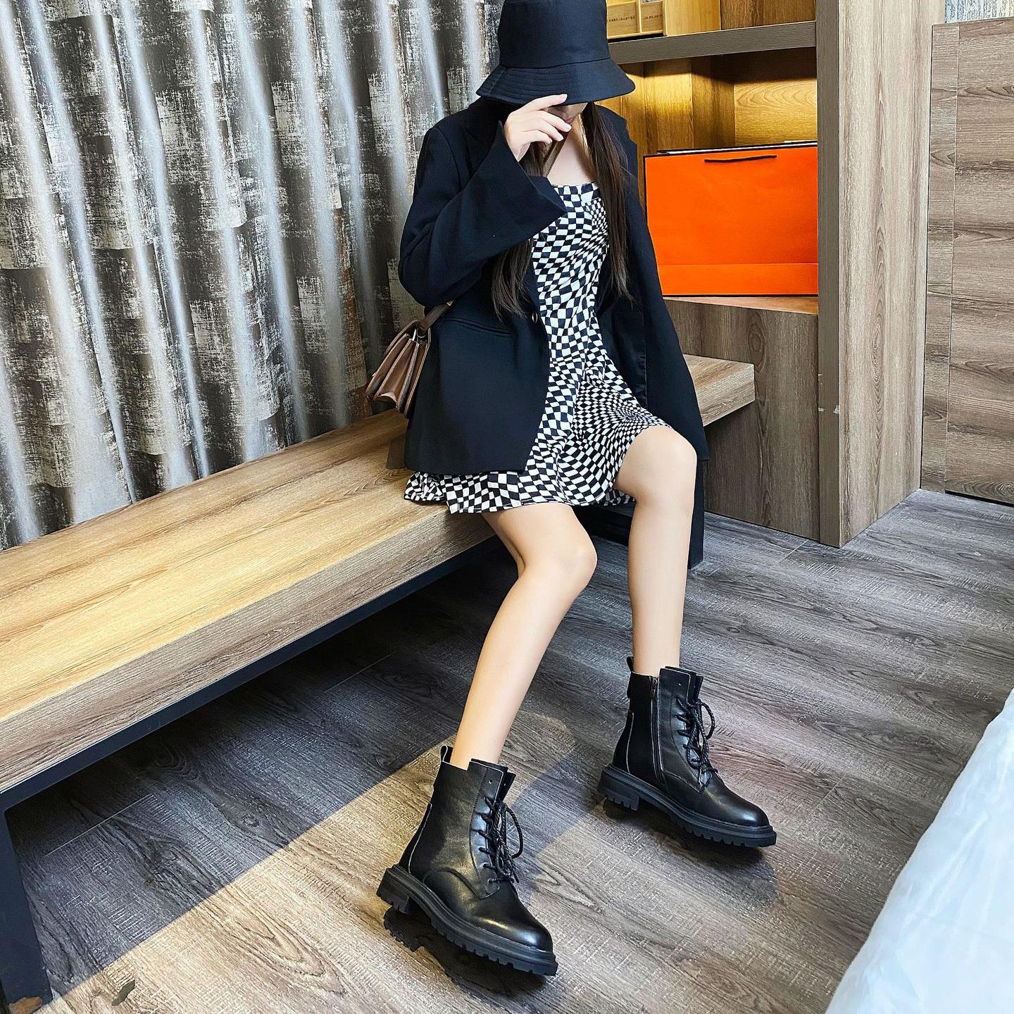 Women Boots Genuine Leather Ankle Booties Spring Fall Shoes Black Brown Platform Boots Goth Punk Shoes Flat Boots