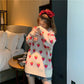 Autumn Winter Sweet Lolita Cute Pink Cartoon Fruit Pattern Knitted Casual Pullover Loose Sweater Long Style Top Outwears