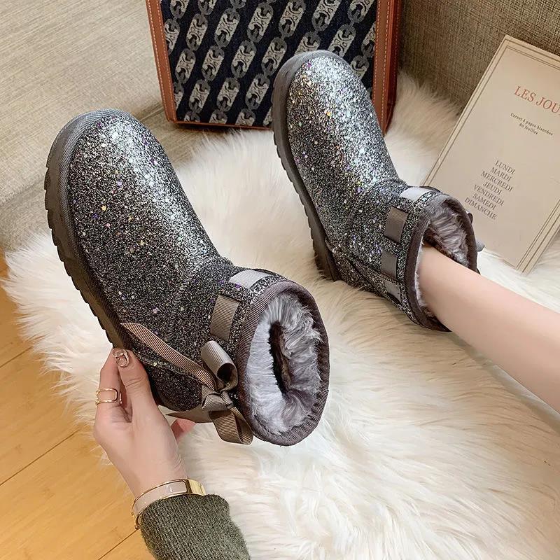 Bowknot Snow Boots Women's Winter Korean Version of Wild Plus Velvet Thick Warm Bread Shoes