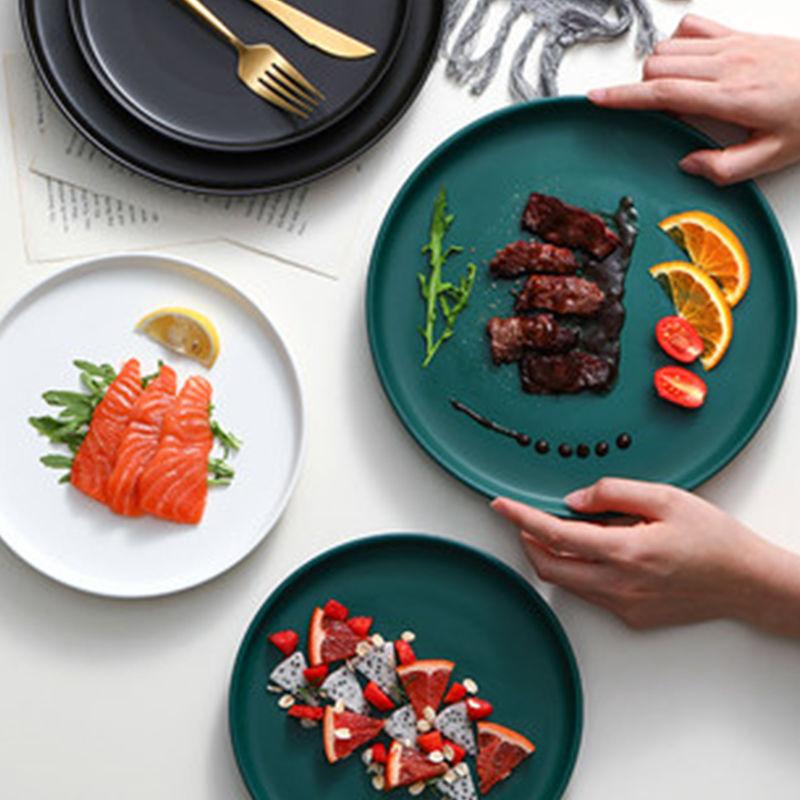 Nordic Ins Wind Color Glaze Tableware Household Steak Plate Dish Net Red Ceramic Simple Creative Western Food Disc Knife and Fork