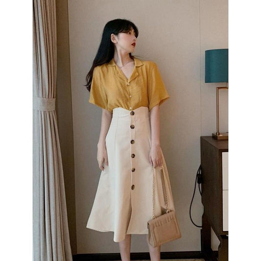 Summer Retro Goddess Skirt Two-piece Set V-neck Cotton Linen Short-sleeved Shirt High Waist Button Flower Edge A-line Skirt Suit