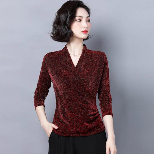 Women's Spring and Autumn T-shirt Plus Size Slim V-neck Long-sleeved Top