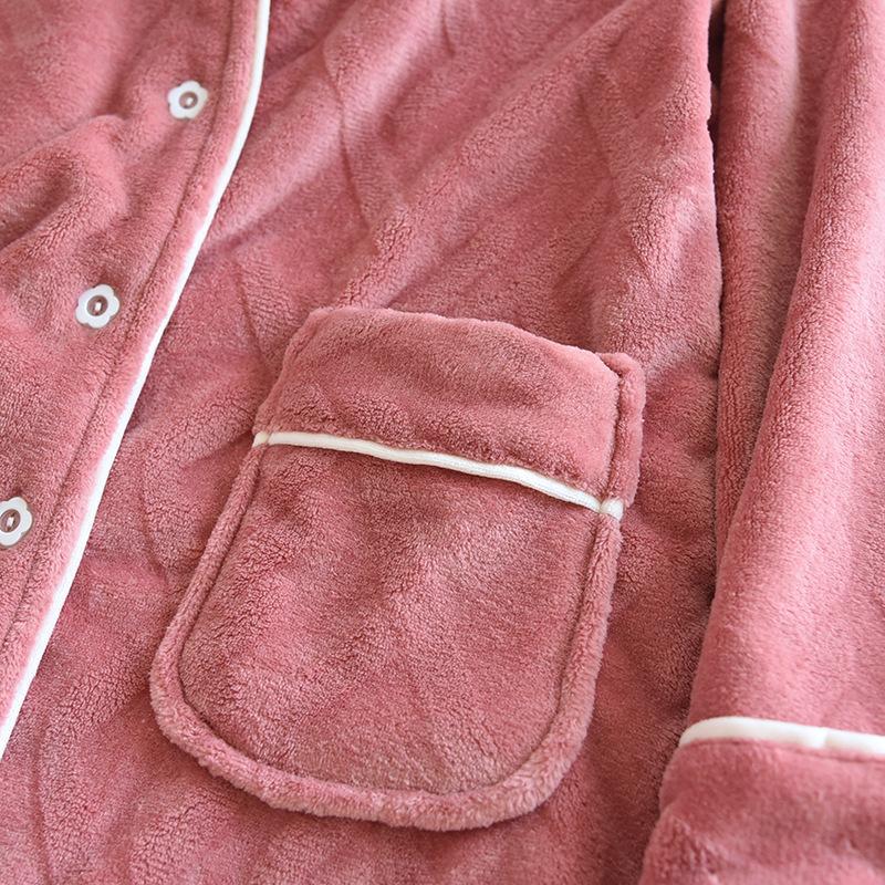 Winter Sleepwear Set Women Coral Fleece Pajamas Suits Flannel Thick Velvet Warm Homewear with Pockets Tops and Pants Long Sleeve Turn-down Collar