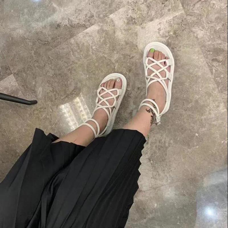 European Roman Sandals Women's Summer Leather Flat Casual All-match Beach Foot Ring Strap Sandals