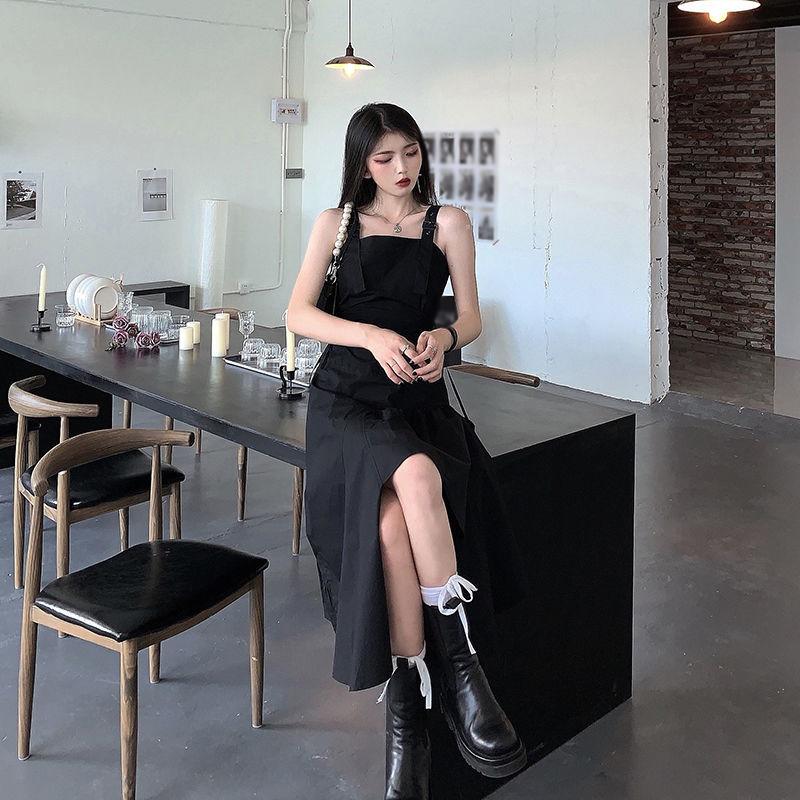 Spring Summer Korean Retro Sexy Sleeveless Sling Dress Black Irregular Dress Female Split Long Skirt