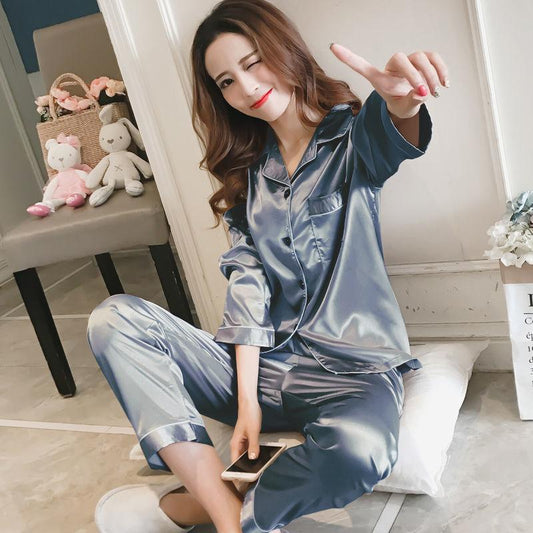 Pajamas Women Spring and Summer Ice Silk Long-sleeved Korean Style Cute Sexy White Princess Style Lace Suit Can Be Worn Outside Home Clothes