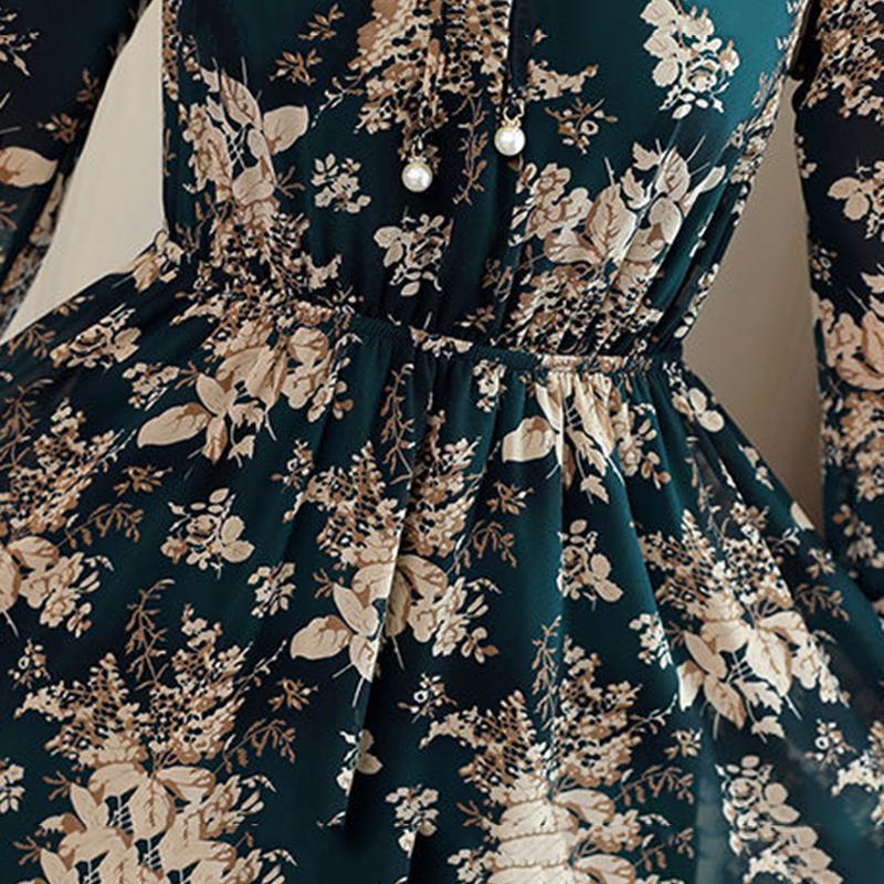 Spring and Autumn Chiffon Dress Long Sleeve Feminine Large Size Long Section Slim Fit Waist Thin Floral Skirt Women Can Be Worn Inside or Outside