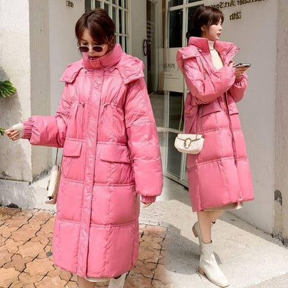 Shiny Long Down Jacket Women Winter Parka Coat Hooded Loose Coat Thick Female Jacket