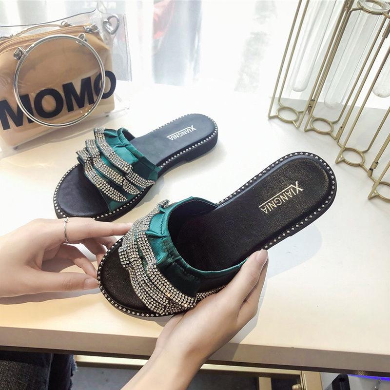 Rhinestone Lotus Leaf Slippers Female Summer Wear 2030 Korean Version of The Wild Word Open Toe Net Red Flat Sandals and Slippers