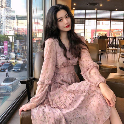 Summer Beach Maxi Dress Women Floral Print Boho Chiffon Dress Ruffles Casual V-Neck Party Dress Robe