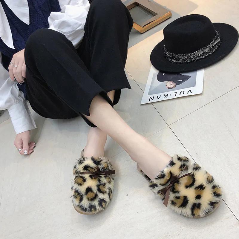 Women Slippers Fur Warm Winter Slipper Leopard Bow Furry Shoes Ins Kawaii Ladies Soft Winter Slide Plus Size 41