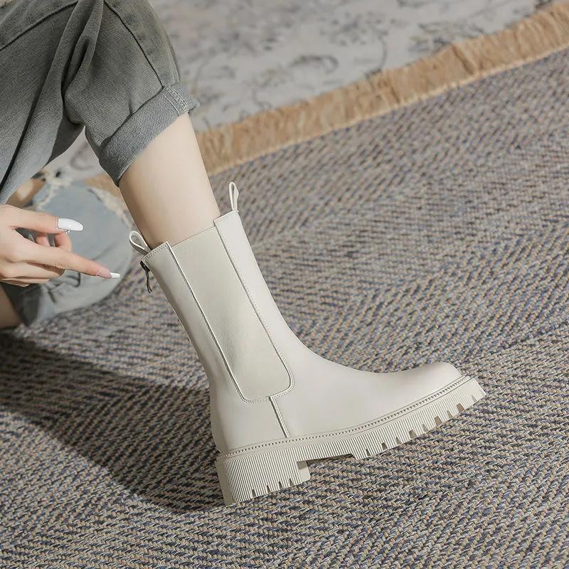Chelsea Boots Martin Boots Woman Spring and Autumn Boots Thick Black Leather Single Boots Motorcycle Boots