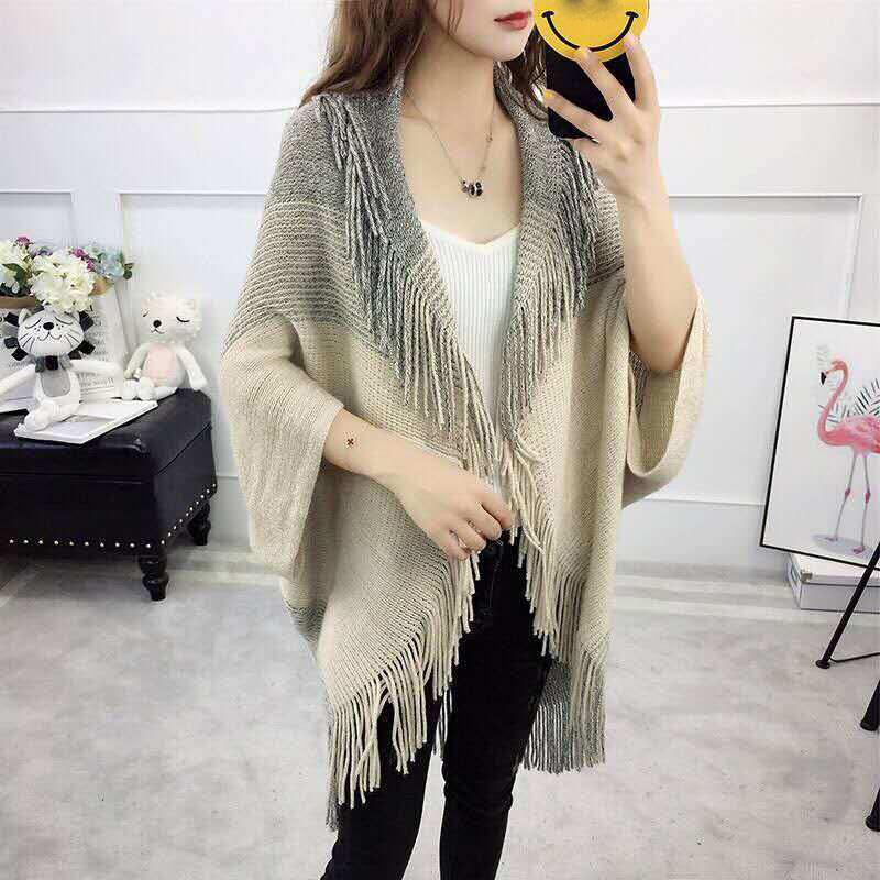 Loose Shawl Jacket Medium-length Women's Large-Size Knit Cardigan Cardigan Fringed Wild Cape Loose Large Fur Collar Knitwear Sweater Jacket