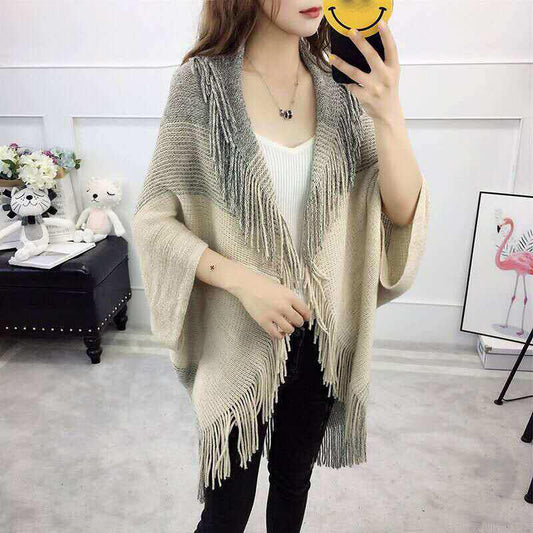 Loose Shawl Jacket Medium-length Women's Large-Size Knit Cardigan Cardigan Fringed Wild Cape Loose Large Fur Collar Knitwear Sweater Jacket