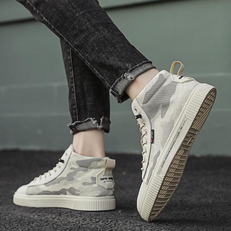 Spring Men's High-top Canvas Shoes Korean Fashion Camouflage Vulcanized Shoes Round Toe Trend Tie Sneaker Rubber Men Boots