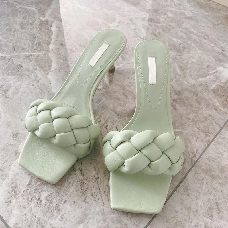 Summer All-match Thin and Woven Square Head High-heeled Sandals Female Fairy Fashion Sandals and Slippers