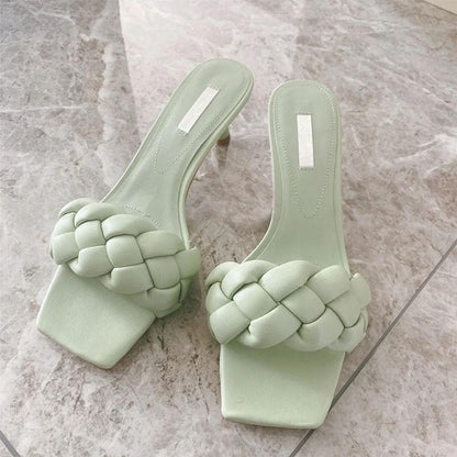 Summer All-match Thin and Woven Square Head High-heeled Sandals Female Fairy Fashion Sandals and Slippers