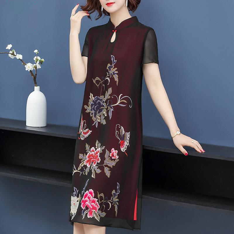 XXL-XXXXXL Plus Size Chinese Style Cheongsam Summer Chiffon Dress Knee-length Printed Over-the-knee Skirt