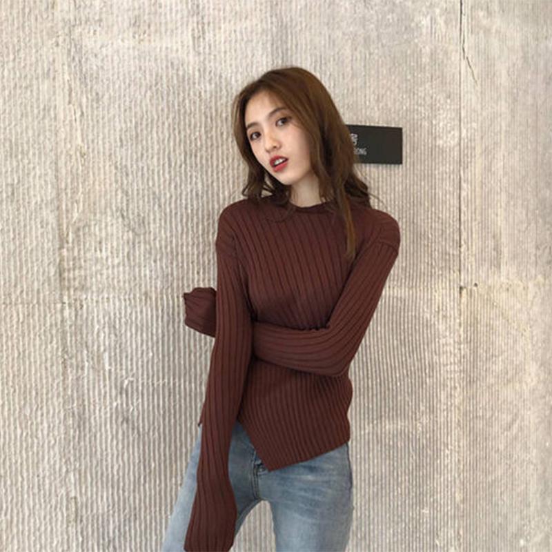 Pofulove Shirt with Irregular Sweater Women's Fashion Slim Long-sleeved Women  Knitted Bottoming