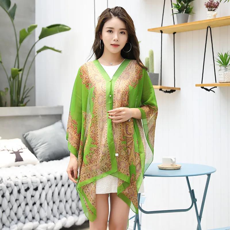 Sunscreen Shawl Beach Multi-used Variety Silk Scarf Chiffon Printing Anti-ultraviolet Temperament Cape Shawl with Scarf Outside