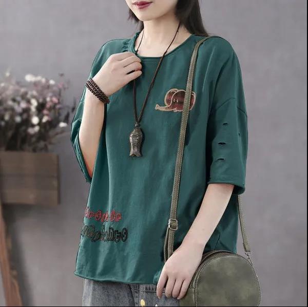 Large Size Short Sleeve Shirt Boutique Thin T-shirt Women Cotton Shirt Elephant Print Casual Pullover