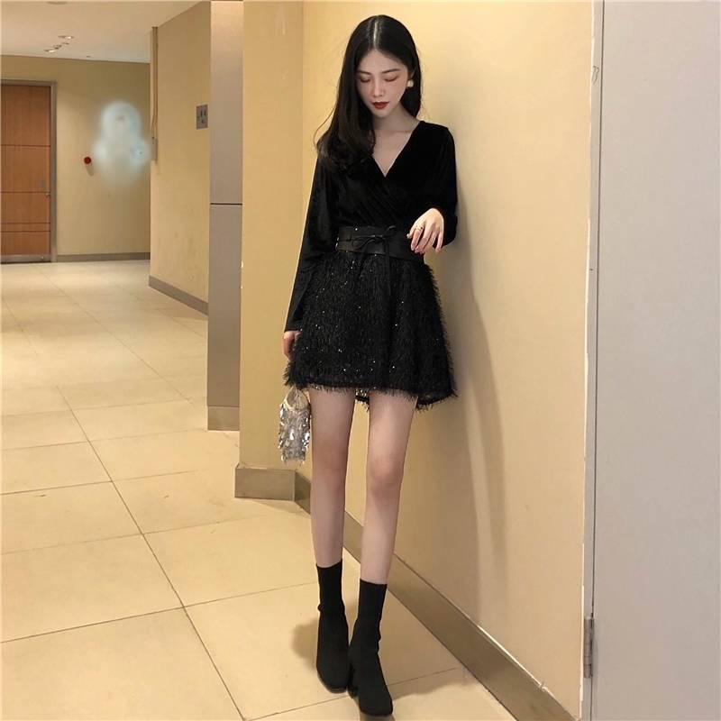 Nightclub Women's Tassel Velvet Was Thin V-neck Sexy Dress Night Ladies Temperament Dress Skirt