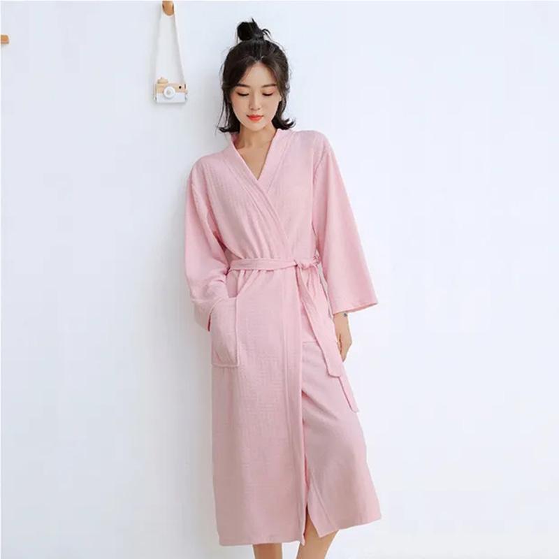 Women's Yukata Pajamas Robe Spring Autumn Loose Waffle Solid Color Bathrobe Long Sleeves Robe Sleeping Robes with Belt