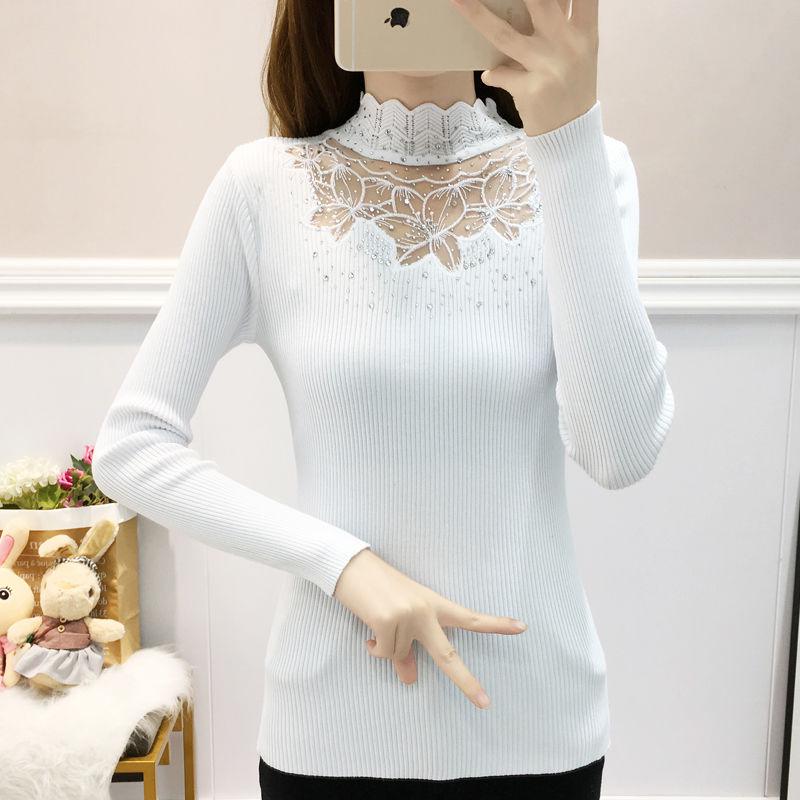 Winter Lace Hollow Turtleneck Sweater Long Sleeve Bottoming Slim Knitted Pullover Women