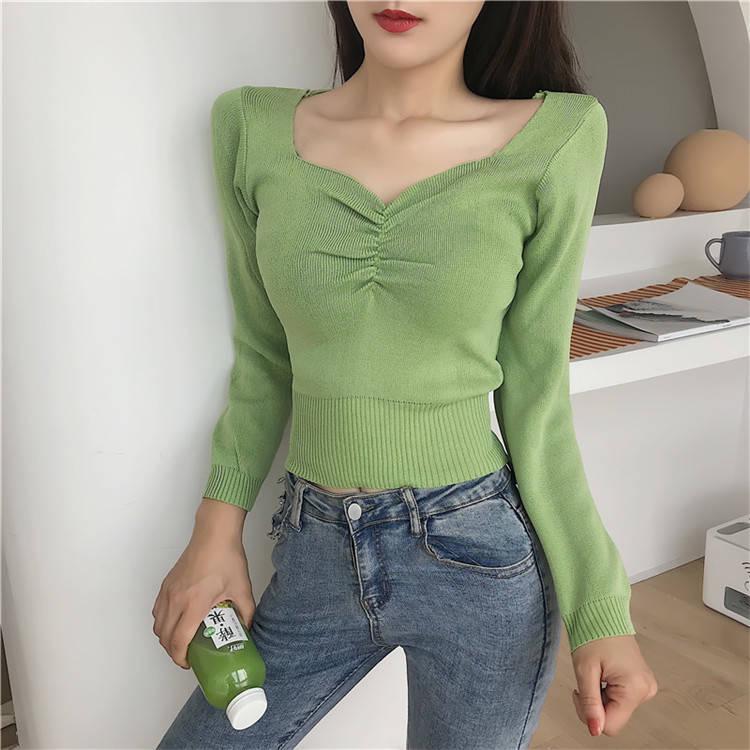 Sexy Low-neck Pullover Long Sleeve Short Sweater Women Open Navel  Slim Waist Knitwear