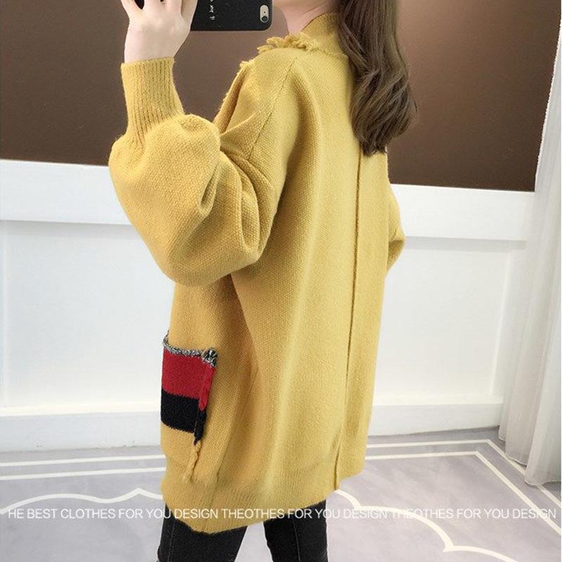 Pure Color Cardigan Knitwear Sweet Puff Sleeve Short Fall/Winter V-neck Sweater Jacket Women's Long Sleeve Warm Jacket