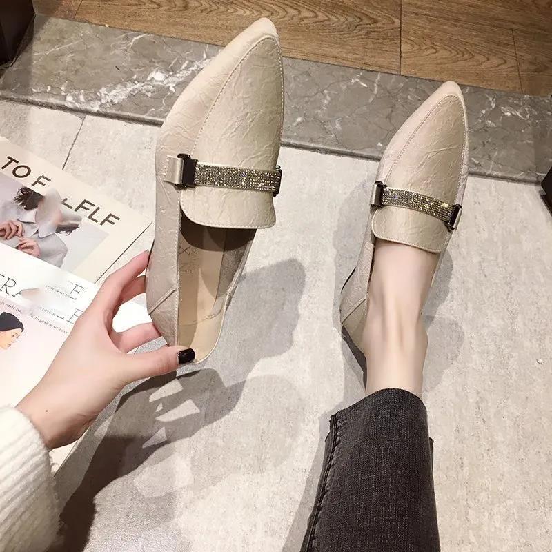 Pointed Shallow Mouth Rhinestone Belt Two Wear Single Shoes Women's Shoes Black Professional Work Shoes Low Heel Leather Shoes