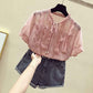 Chiffon Shirt Large Size Loose Women's Top Fashion Casual Hollow Lace Up Short Sleeve Top