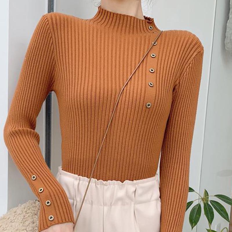 Spring and Autumn Thin Bottoming Shirt Casual Long-sleeved Short-sleeved Sweater Women's Slim Slimming Half-high Collar Buttoned White Sweater Top