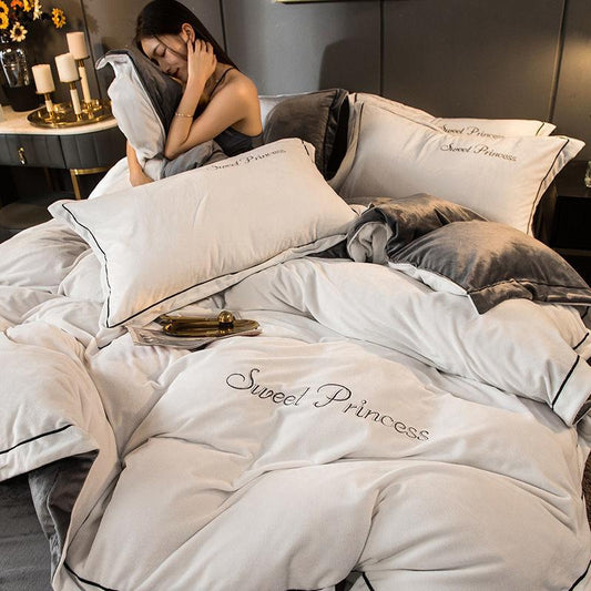 Korean Fashion Princess Style Four-piece Girl Heart Lace Solid Color Bed Linen Quilt Cover Bedding