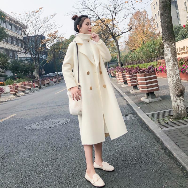 Autumn and winter over-the-knee trend wild woolen coat women white woolen coat mid-length