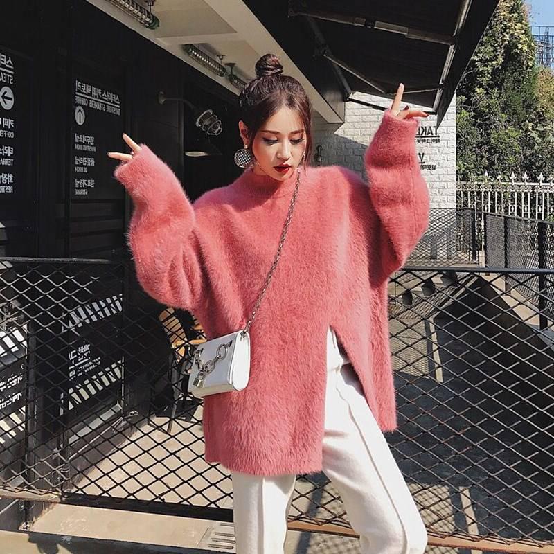 Pofulove Mohair Girly Winter Turtleneck Warm Knitwear Skin-friendly Losse Split Pullover Sweater