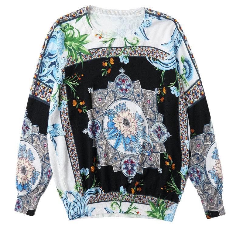 Autumn Winter Ethnic Style Digital Printing Sweater Thin High Quality Jumper Tops Women Pullover Knit Bottoming Sweater