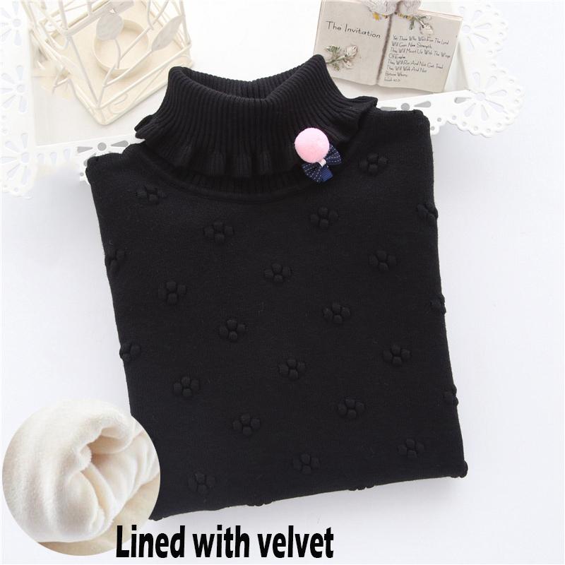 Girl Sweater Plus Velvet Thick Autumn and Winter Solid Color Set High Collar Long-sleeved Big Children's Knitting Shirt