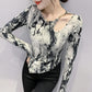Fashion Irregular Leopard Print Top Women Sexy Hollow Out Shoulder Long Sleeve Top Fashion Large Size Bottoming Shirt