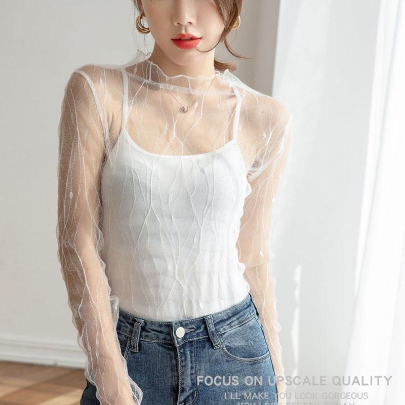 Sexy Mesh Transparent Blouses Tops Clothing Unlined Upper Garment Long Sleeve Net Build pullover