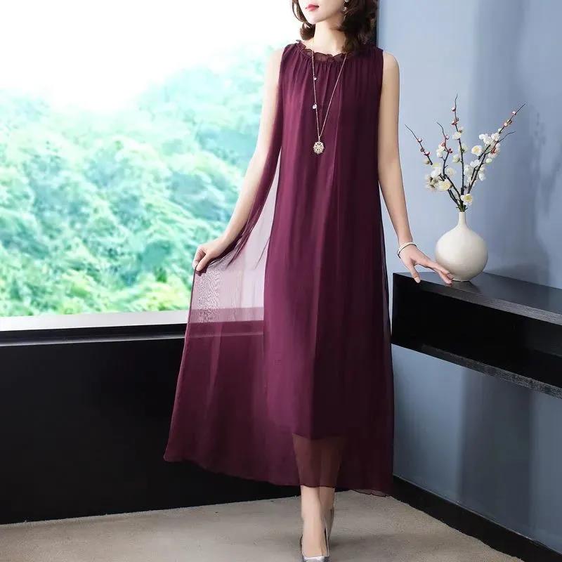 Summer Plus Size Real Quality Silky Dress Comfortable Loose Slim Sleeveless Vest Long Dress