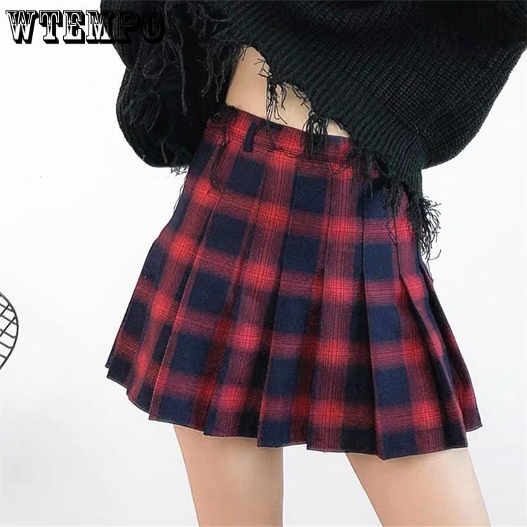 Women Skirts Cute Yellow Black Red Lattice Pleated Skirt Punk Style High Waist Short Skirt
